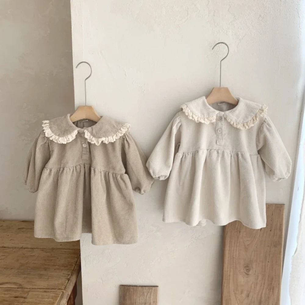 Girl Peter Pan Collar Full Sleeve Corduroy Dress 👗